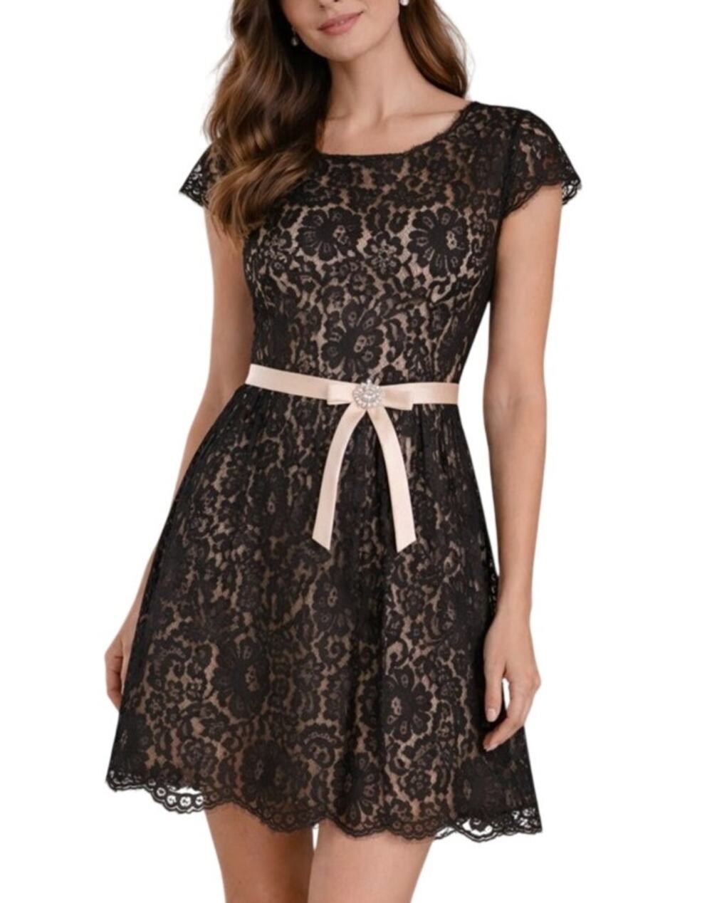 Christina Wu Coquette Lace Ribbon Mini Dress Jewel Size 10 Black Formal Cocktail